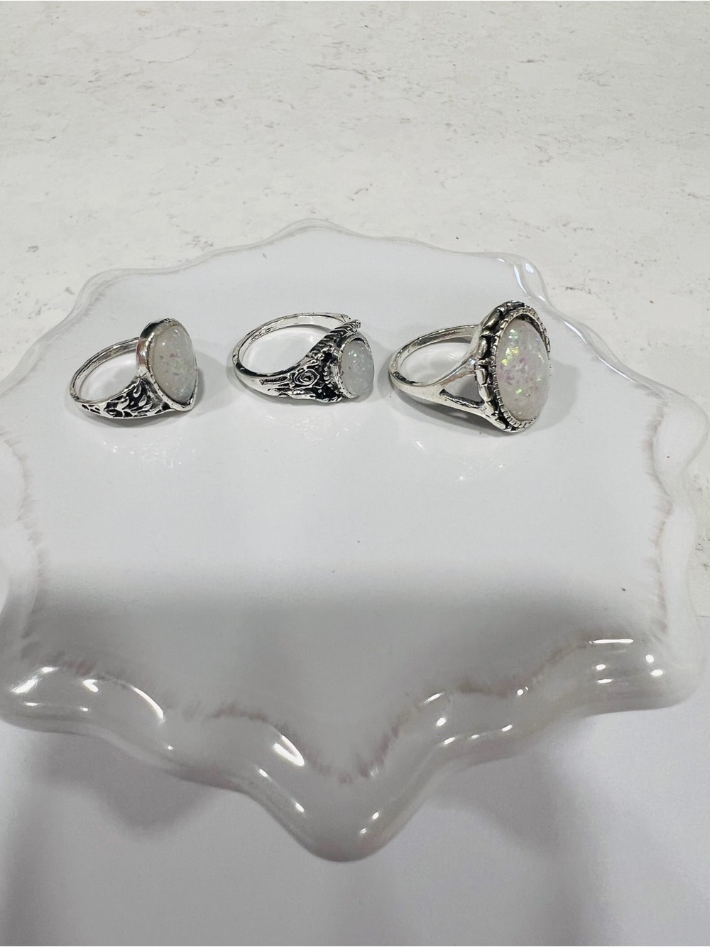 Silver Tone Metal Oval White Opal Bezel Set Cocktail Rings Lot 3 Size 6